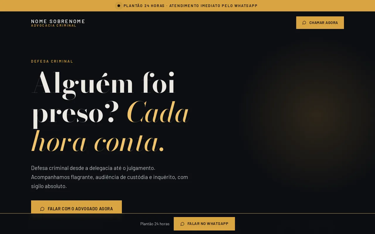 Exemplo de site: Criminal: tema escuro, plantão 24h